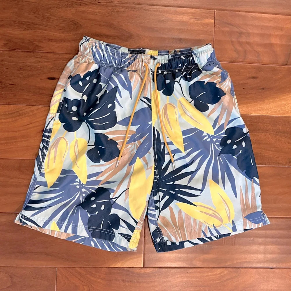 Lands’ End Blue Tropical Palm Swim Trunk Board Shorts size Small